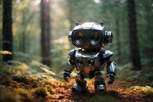 un' robot in piedi nel il mezzo di un' foresta foto