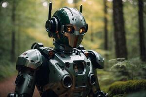 un' robot in piedi nel il mezzo di un' foresta foto