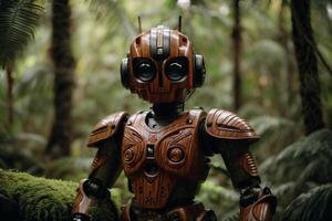 un' robot in piedi nel il mezzo di un' foresta foto