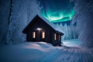 un' cabina nel il neve con il aurora Borealis sopra esso foto