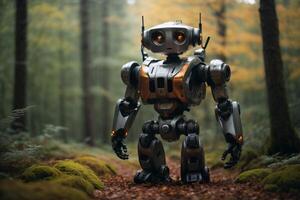 un' robot in piedi nel il mezzo di un' foresta foto