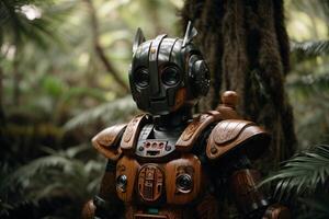 un' robot in piedi nel il mezzo di un' foresta foto