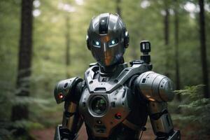 un' robot in piedi nel il boschi foto