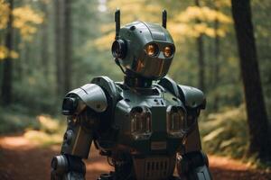 un' robot in piedi nel il boschi foto