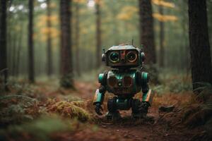 un' robot in piedi nel il mezzo di un' foresta foto