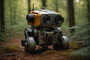 un' robot in piedi nel il mezzo di un' foresta foto