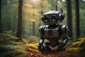 un' robot in piedi nel il mezzo di un' foresta foto