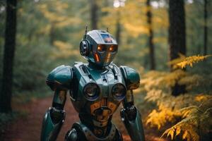 un' robot in piedi nel il mezzo di un' foresta foto