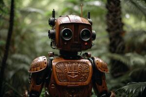 un' robot in piedi nel il mezzo di un' foresta foto