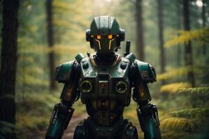 un' robot in piedi nel il mezzo di un' foresta foto