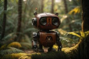 un' robot in piedi nel il mezzo di un' foresta foto