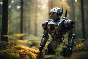 un' robot in piedi nel il mezzo di un' foresta foto