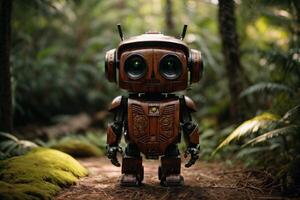 un' robot in piedi nel il mezzo di un' foresta foto