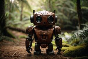 un' robot in piedi nel il mezzo di un' foresta foto