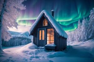 un' cabina nel il neve a notte con il aurora Borealis foto