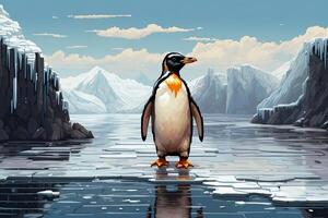 un' pinguino in piedi nel il acqua con neve caduta foto