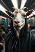 un' capra indossare un' felpa con cappuccio su un' metropolitana treno foto