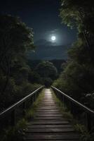 un' ponte al di sopra di un' buio foresta con un' pieno Luna foto