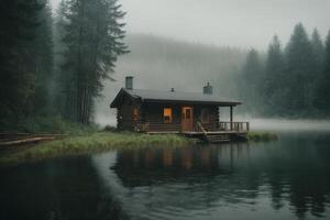 un' piccolo cabina si siede su il bordo di un' lago foto
