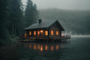 un' cabina si siede su il riva di un' lago nel il nebbia foto