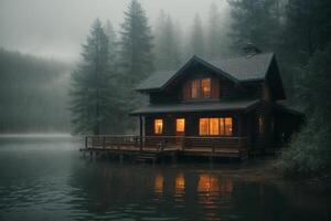 un' cabina si siede su il riva di un' lago nel il nebbia foto