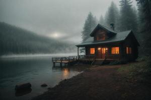 un' cabina si siede su il riva di un' lago nel il nebbia foto