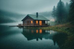 un' cabina si siede su il riva di un' lago nel il nebbia foto