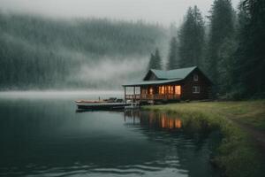 un' cabina si siede su il riva di un' lago nel il nebbia foto