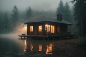 un' cabina si siede su il riva di un' lago nel il nebbia foto