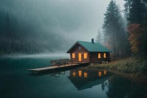 un' cabina si siede su il riva di un' lago nel il nebbia foto