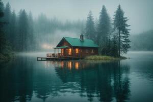 un' cabina si siede su il riva di un' lago nel il nebbia foto