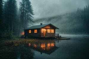 un' cabina si siede su il riva di un' lago nel il nebbia foto