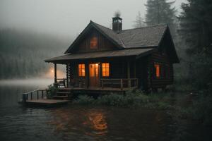 un' cabina si siede su il riva di un' lago nel il nebbia foto