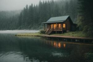 un' cabina si siede su il riva di un' lago nel il nebbia foto