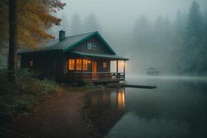 un' cabina si siede su il riva di un' lago nel il nebbia foto