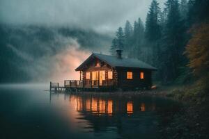 un' cabina si siede su il riva di un' lago a crepuscolo foto