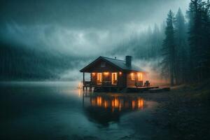 un' cabina si siede su il riva di un' lago a crepuscolo foto