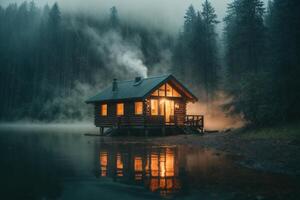 un' cabina si siede su il riva di un' lago a crepuscolo foto