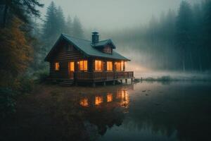 un' cabina si siede su il riva di un' lago a crepuscolo foto