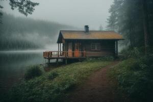 un' cabina si siede su il riva di un' lago nel il nebbia foto