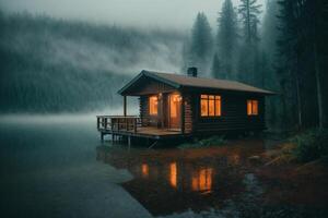 un' cabina si siede su il riva di un' lago a crepuscolo foto