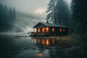 un' cabina si siede su il riva di un' lago a crepuscolo foto