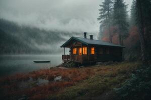 un' cabina si siede su il riva di un' lago a crepuscolo foto