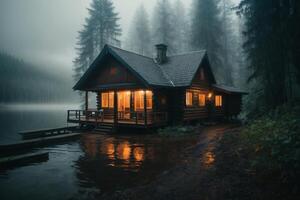 un' cabina si siede su il riva di un' lago nel il nebbia foto