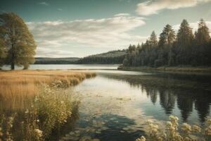 un' lago circondato di alberi e erba a Alba foto