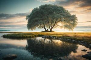 un' bellissimo lago circondato di alberi e rocce foto