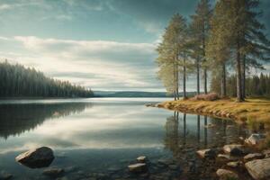 un' bellissimo lago circondato di alberi e rocce foto