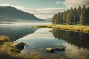 un' lago circondato di alberi e un' tramonto foto