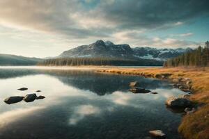 un' montagna e lago siamo riflessa nel il acqua foto