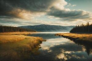 un' di legno molo conduce per un' lago con un' nuvoloso cielo foto